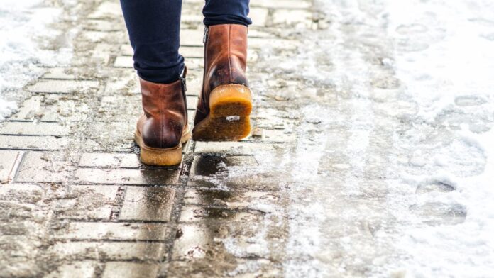 Walk,On,Wet,Melted,Ice,Pavement.,Back,View,On,The